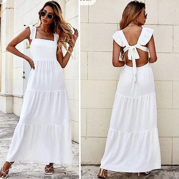 NEW O.P.T. / Tuckernuck 100% Cotton Tied Open Back Swiss Dot Maxi Dress White L - Picture 4 of 13